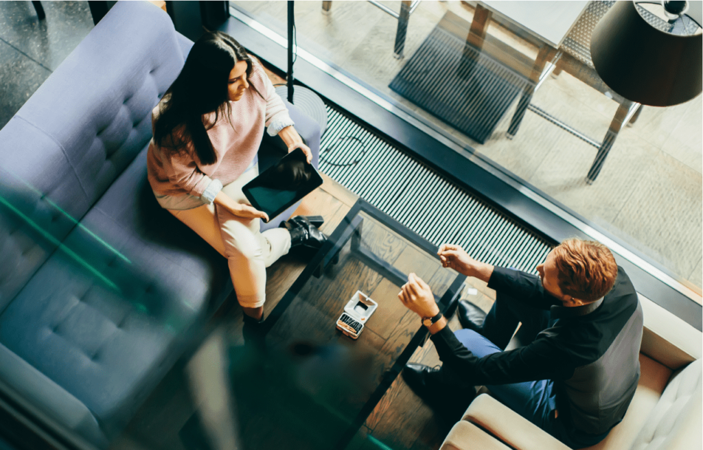 two people chatting in relaxed area